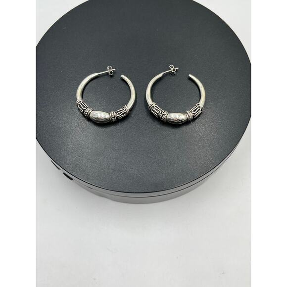 Sterling Silver 925 Balinese Oxidized Finish Post Clutch Back Hoop Earrings - Picture 7 of 8